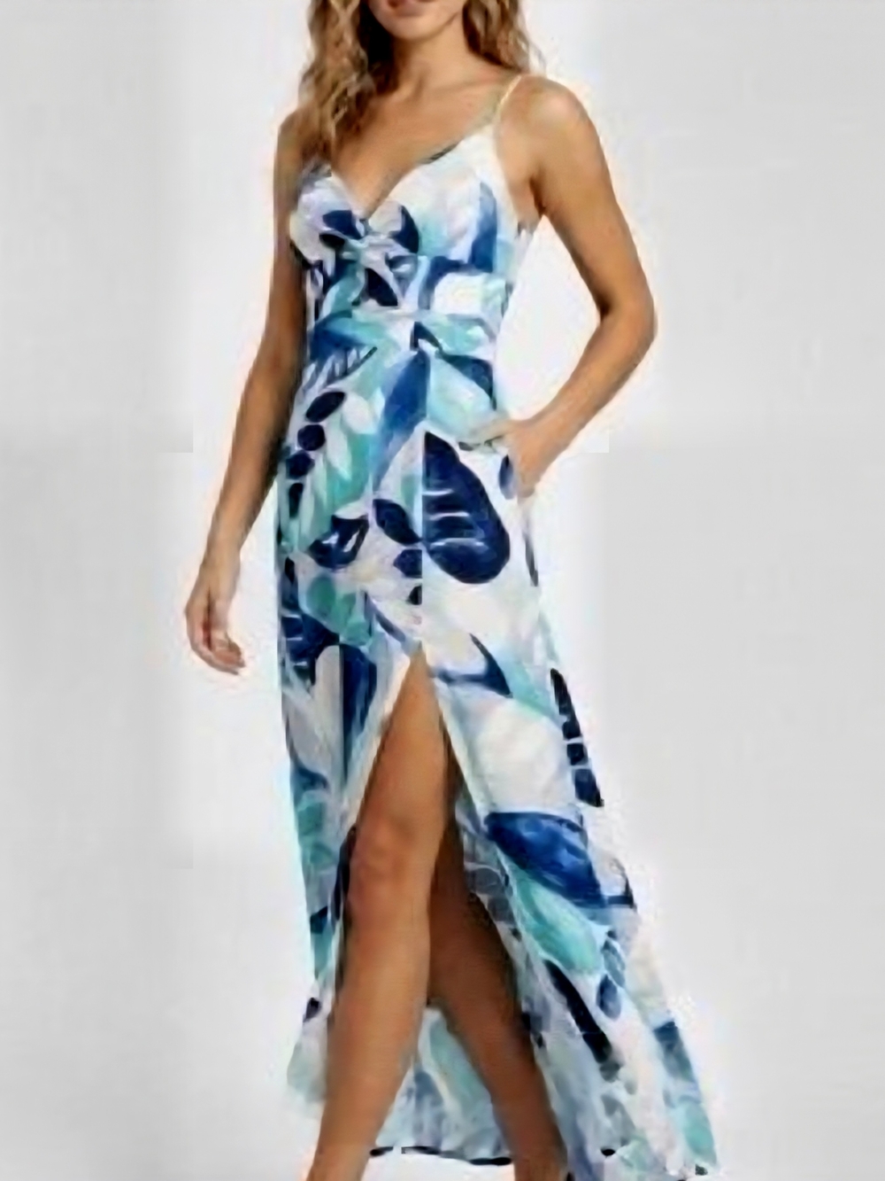 Blue Tropical Leaf Print Spaghetti-Strap Maxi Dress